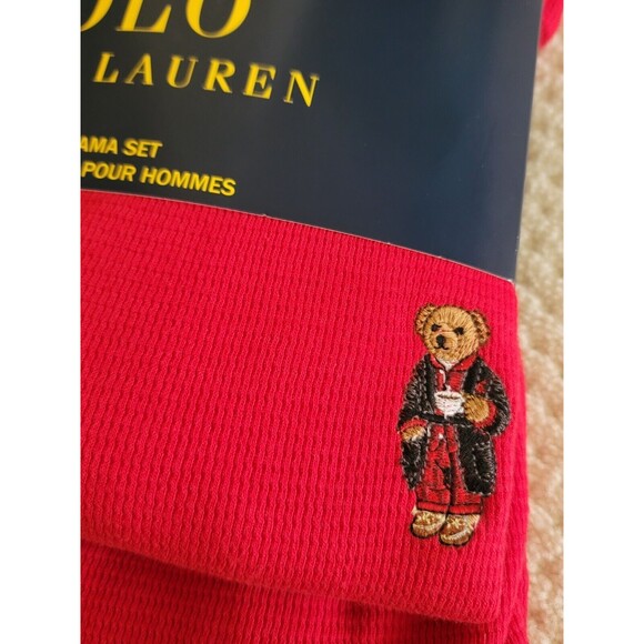NWT Polo Ralph Lauren Coffee Polo Bear Red Waffle Thermal Pajama Sleep Set , M - Picture 4 of 6